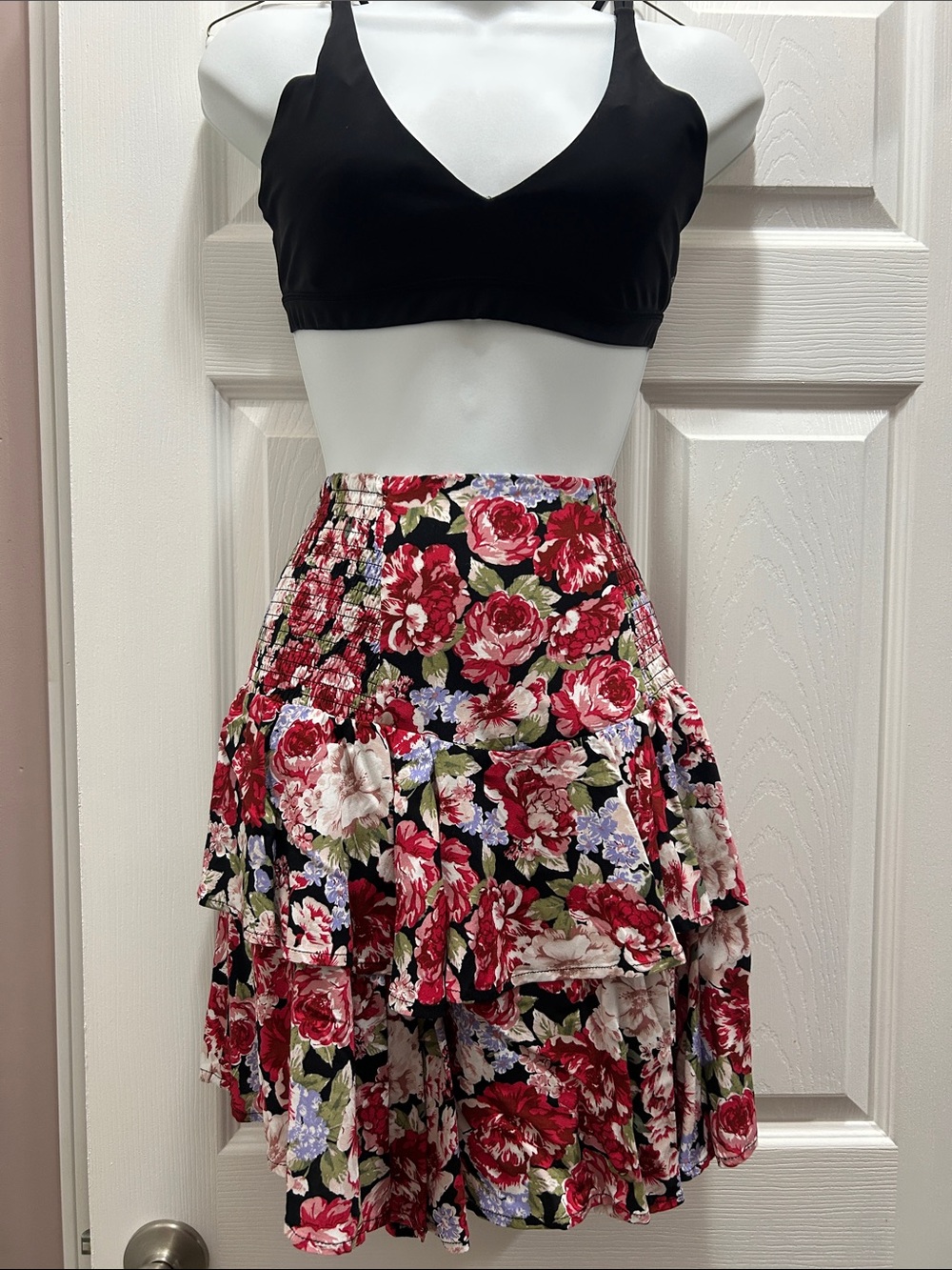 MINKPINK Black Floral Tiered Skater Skirt with Red Roses